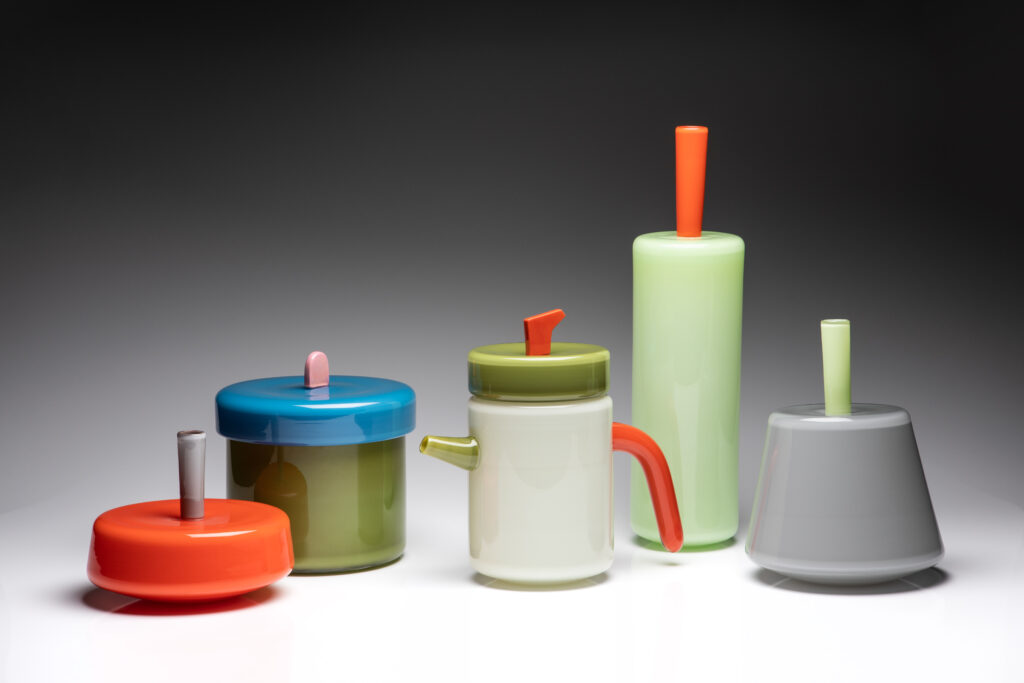 Series of five colourful & geometric glass vessels