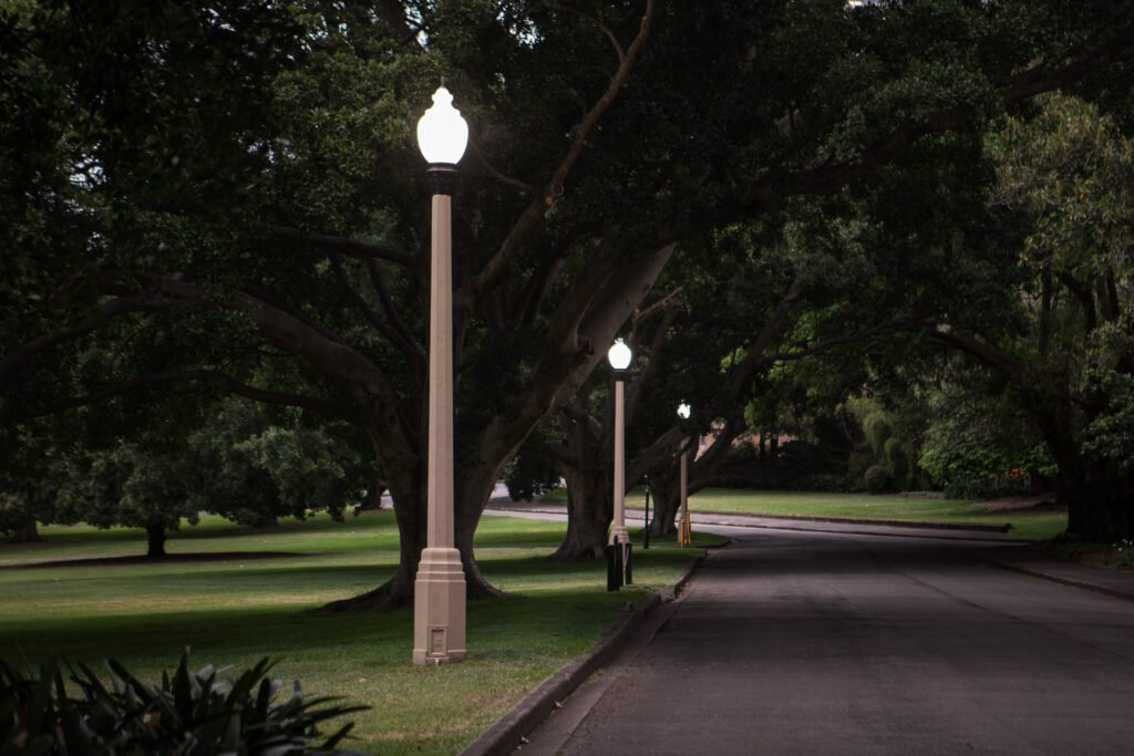 19th century style street lamps along a path at night