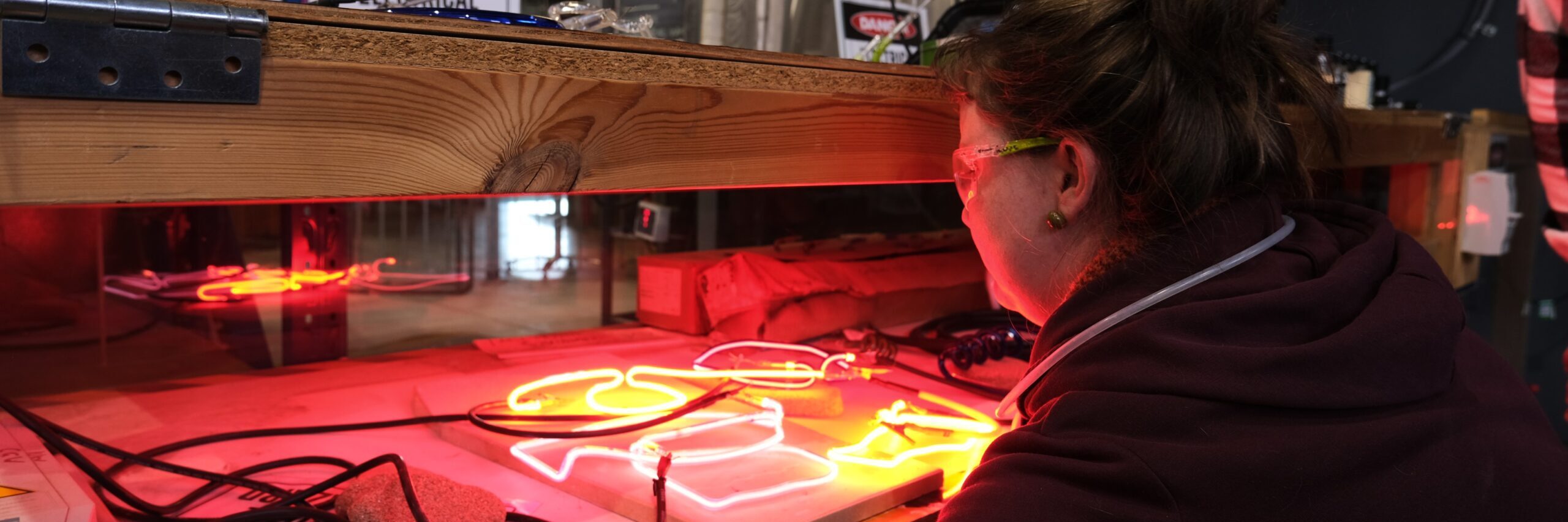 Rose-Mary Faulkner testing new neon works with mentor David Cooper